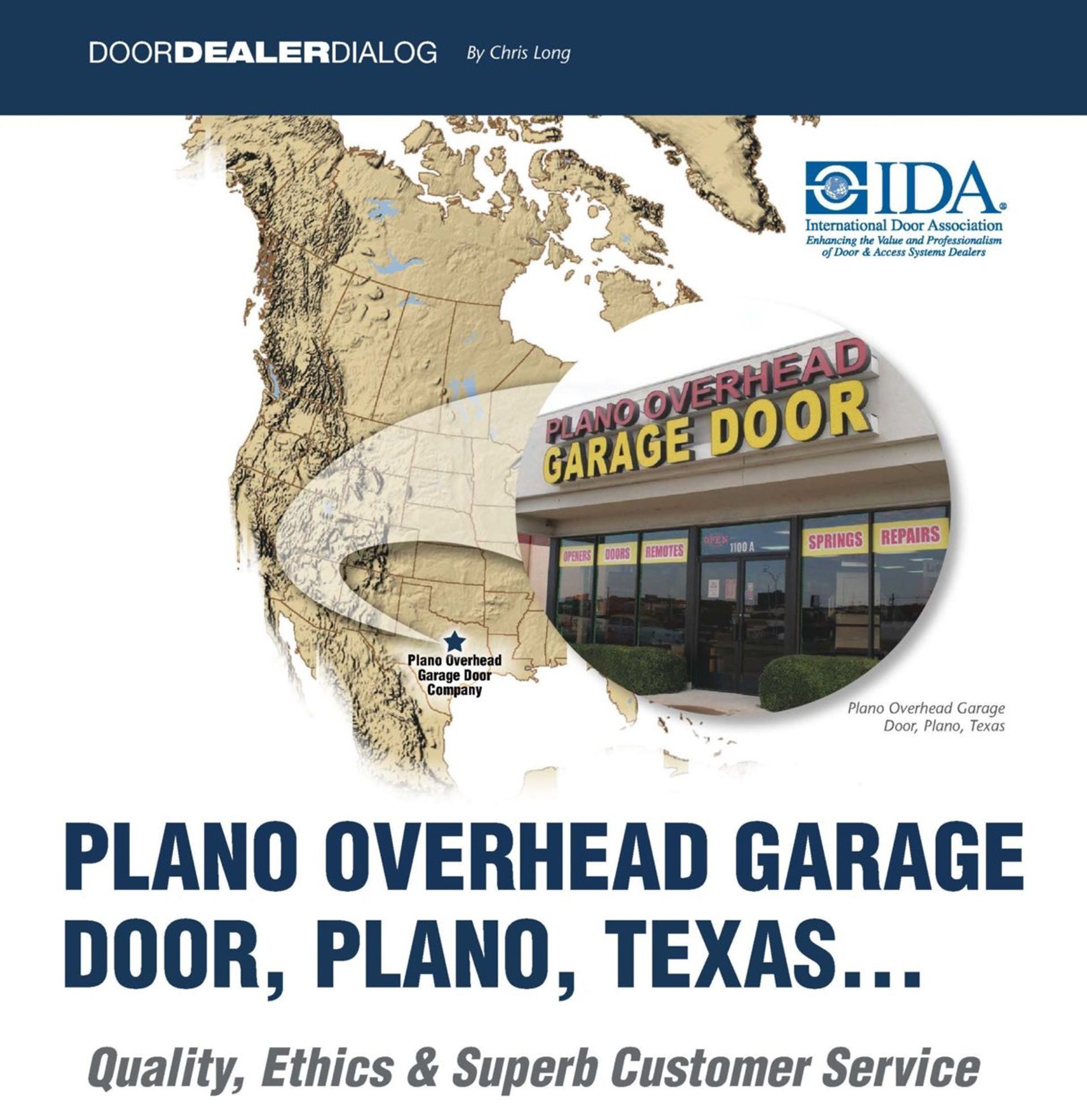 Advertisement for Plano Overhead Garage Door in Texas, with store photo and North American map.