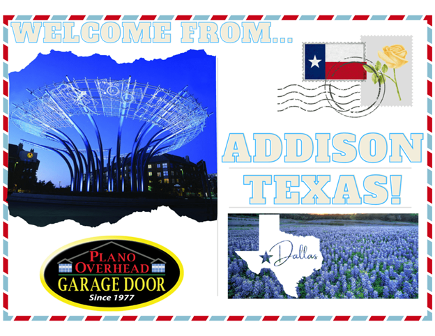 Postcard from Addison, Texas: featuring a lit sculpture, Texas flag, and bluebonnet field with 