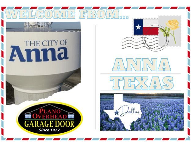 Welcome postcard: City of Anna, Texas, with state flag, bluebonnets, and garage door logo. Welcome postcard: City of Anna, Texas, with state flag, bluebonnets, and garage door logo.