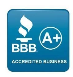 BBB Accredited Business logo, blue square with white flame and BBB text, A+ rating.