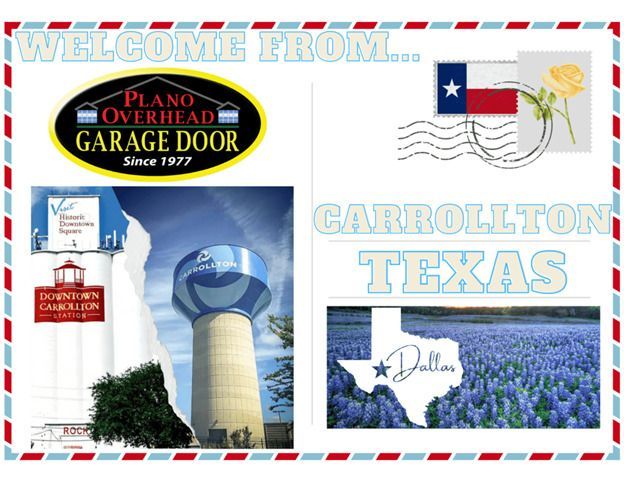 Welcome postcard from Plano Overhead Garage Door in Carrollton, Texas; features logos, Texas flag, water tower, and bluebonnets.