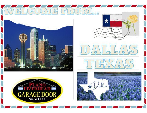 Welcome postcard from Dallas, Texas, with skyline, Texas flag, bluebonnets, and garage door business logo.