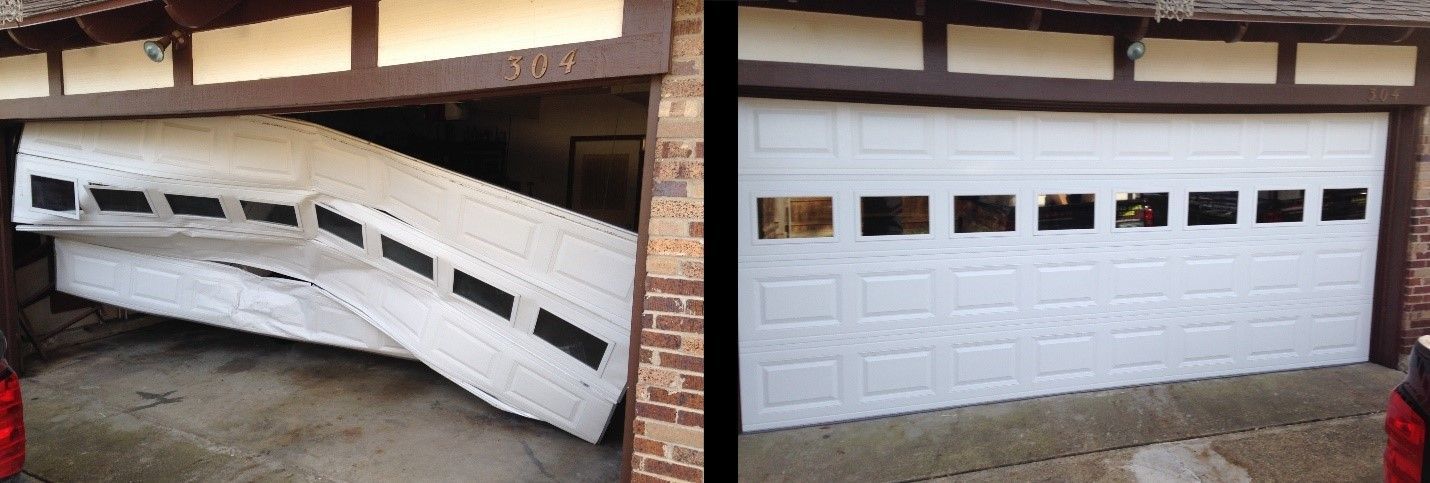 Garage door, damaged and collapsed, next to a closed garage door.