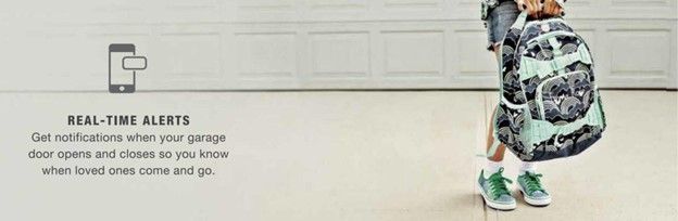 A person with a backpack and green shoes stands near a garage door. A phone icon is shown with a notification. Text reads Real-time Alerts. A person with a backpack and green shoes stands near a garage door. A phone icon is shown with a notification. Text reads Real-time Alerts.