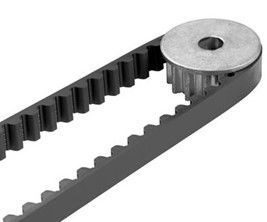 Black toothed timing belt wrapped around a silver pulley.