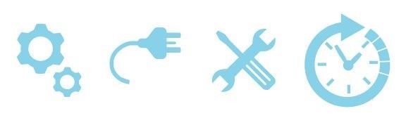 Icons representing settings, power, repair, and efficiency.