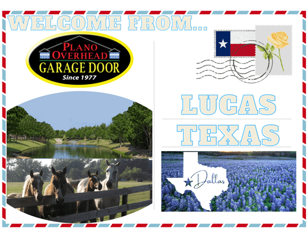 Postcard-style graphic from Plano Overhead Garage Door, welcoming visitors to Lucas, Texas, with local imagery.