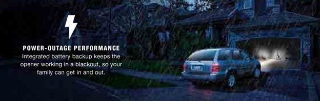 Car pulling into a garage in the rain during a blackout. Lightning bolt icon and text: Power-Outage Performance.