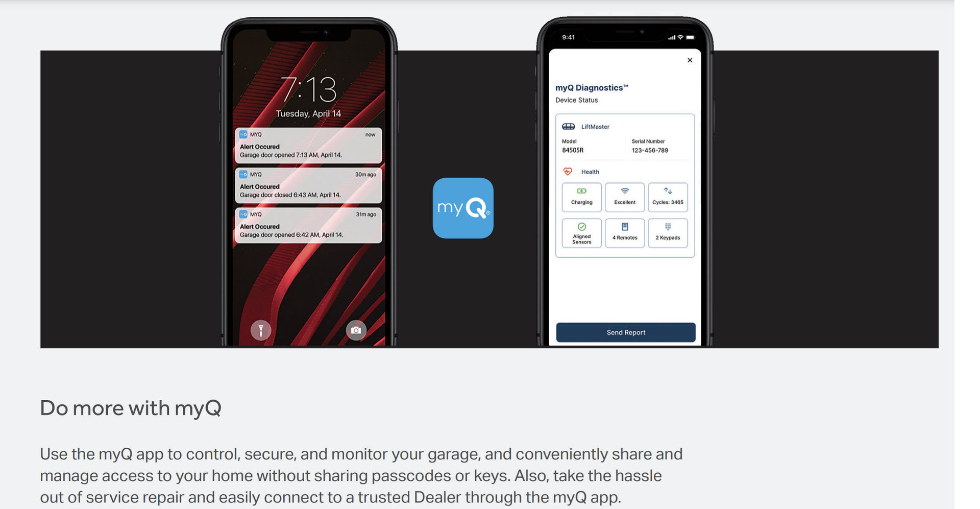 Two smartphones displaying app notifications and an interface. myQ app logo in between.