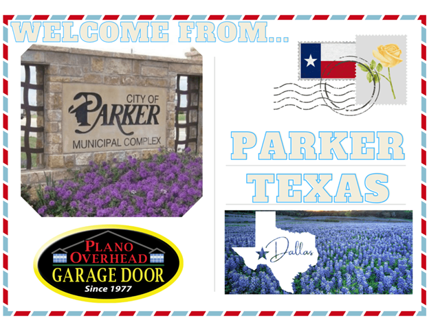 Welcome postcard from Parker, Texas. Includes City of Parker sign, Texas flag, flower, and garage door logo.