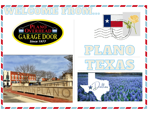 Plano Overhead Garage Door postcard.  Includes Texas flag, flowers, downtown Plano, and bluebonnets.