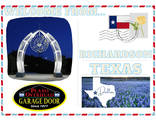 Postcard from Richardson, Texas, with a lighted arch, Texas flag, bluebonnets, and Plano Overhead Garage Door logo.