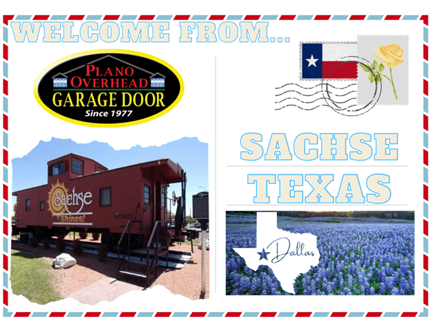 Welcome from Sachse, Texas. Postcard featuring a garage door company logo, train caboose, Texas flag, and bluebonnets.