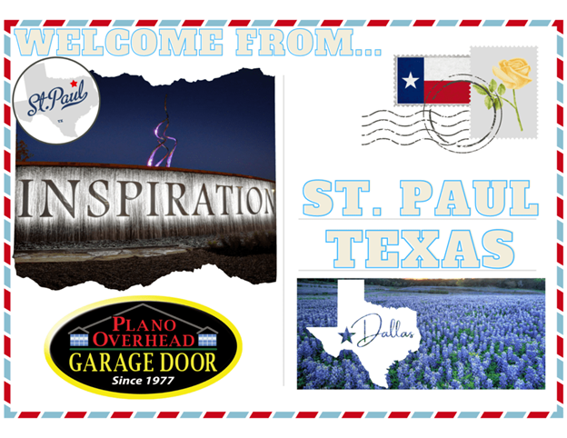Postcard with St. Paul Texas text, photos of Texas flag, bluebonnets, and a garage door company logo.