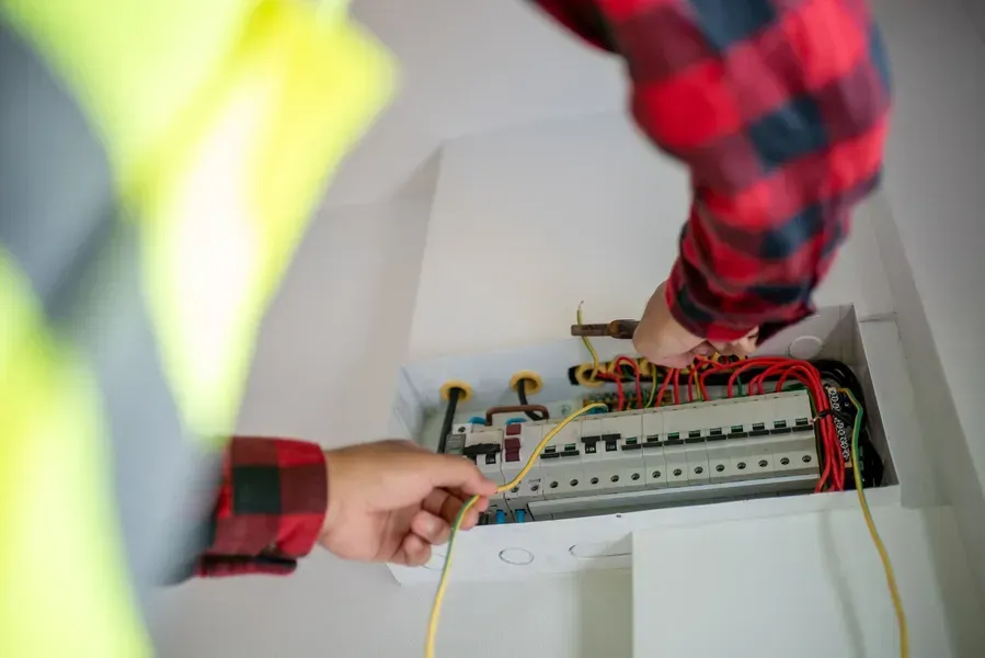Electrician Working on Electrical Panel, Wearing a Plaid Shirt — Don Hall Air Conditioning & Electrical in Smithfield, QLD
