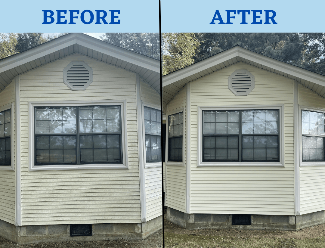 A before and after picture of a house with a lot of windows.