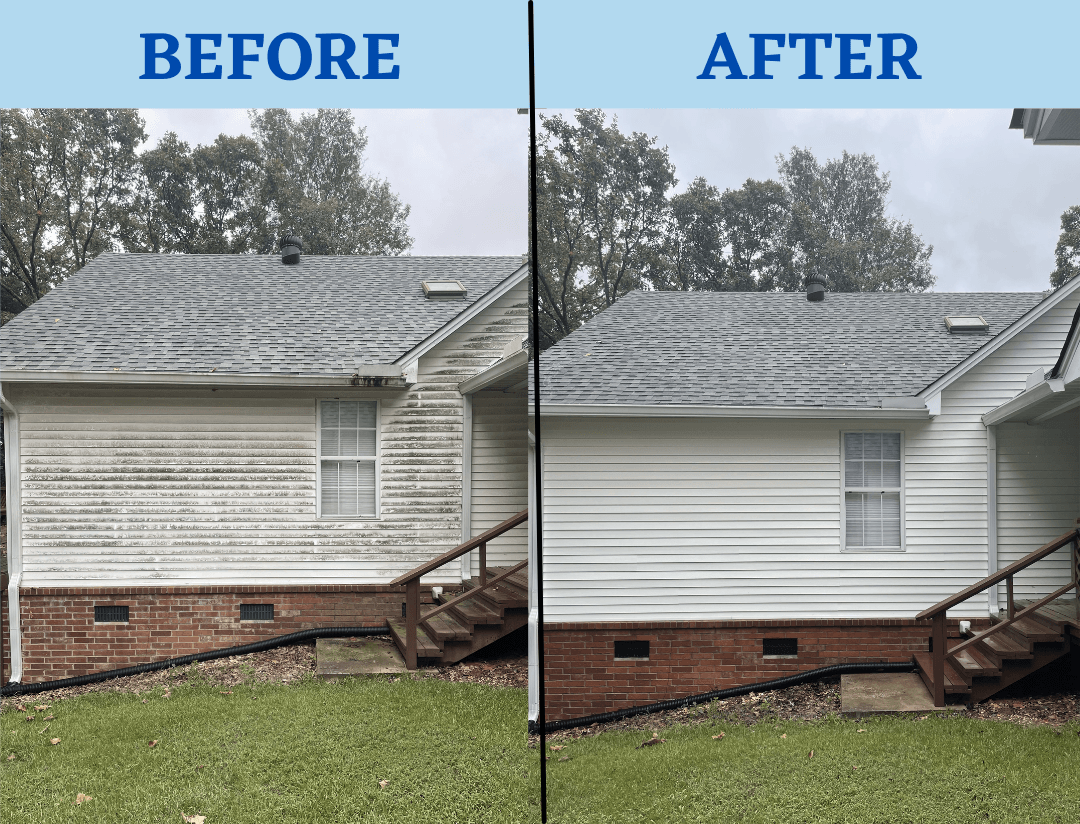 A before and after picture of a house with a gray roof.