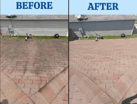 A before and after picture of a roof