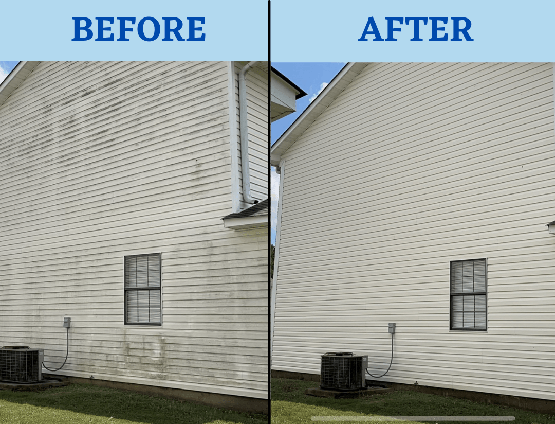 A before and after picture of a house 's siding