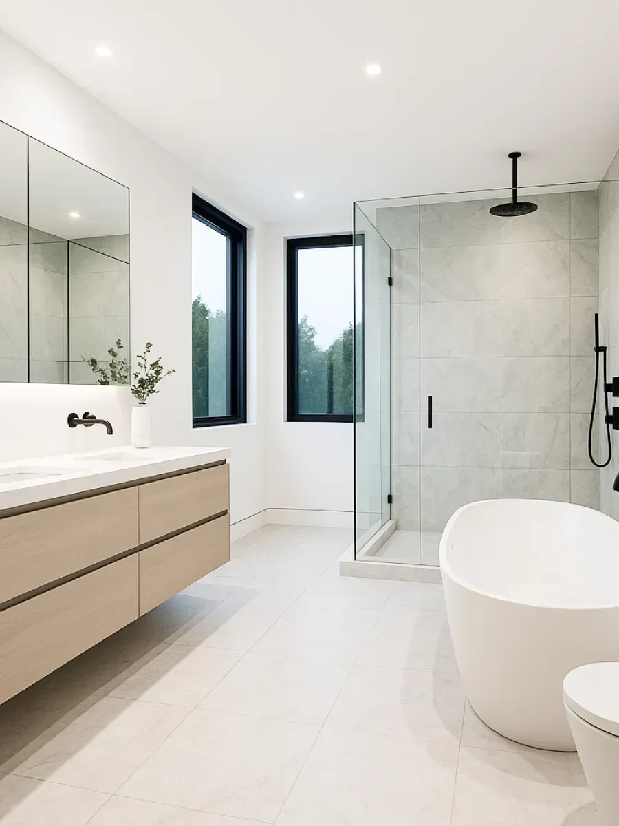Modern bathroom featuring a light wood floating vanity, white standalone bathtub, and a glass-enclosed walk-in shower.