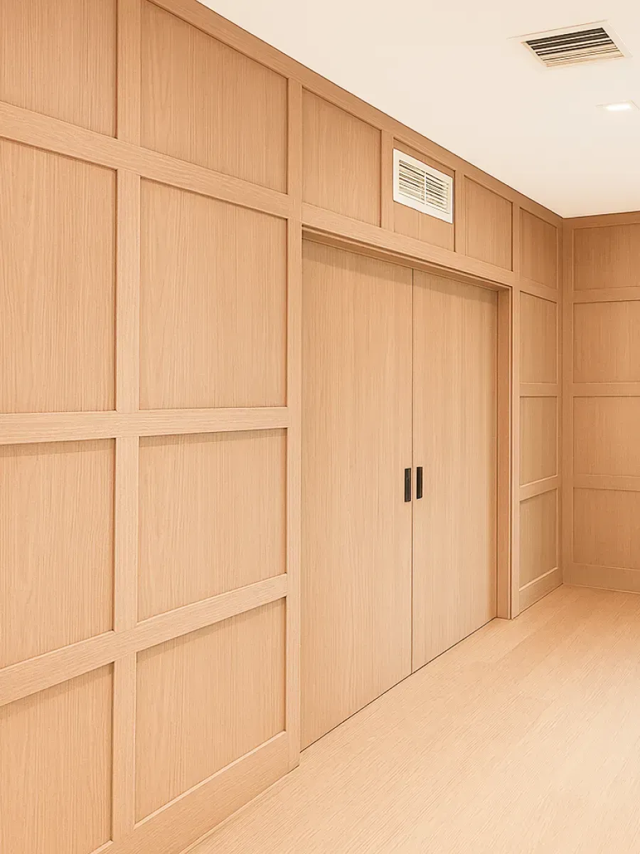 A hallway featuring light wood paneled walls, a double-door entrance, and an air vent integrated into the paneling.
