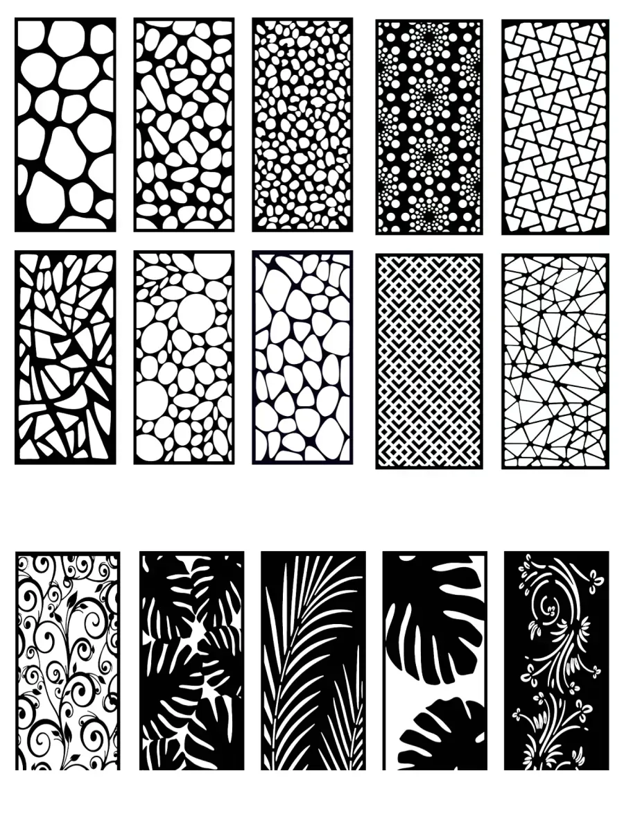 A grid showing 15 diverse black-and-white decorative metal screen patterns featuring geometric, organic, and floral designs.