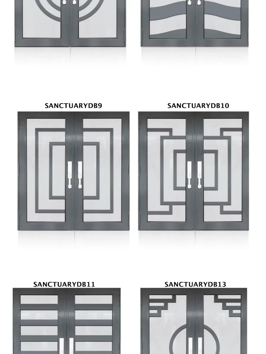 A grid of six architectural door designs with varying metal geometric patterns over glass panels.