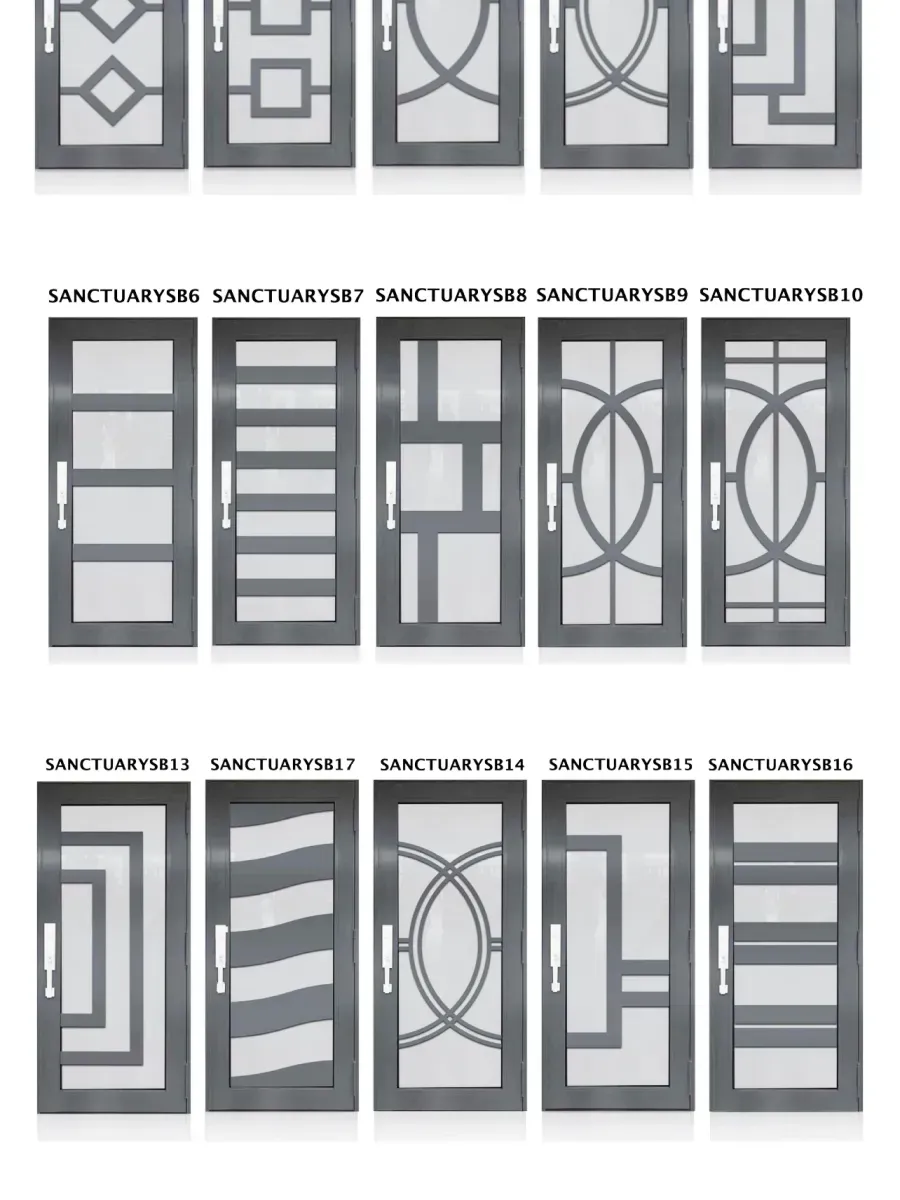 Grid of fifteen modern grey exterior door designs, labeled with Sanctuary model numbers, featuring geometric glass patterns.