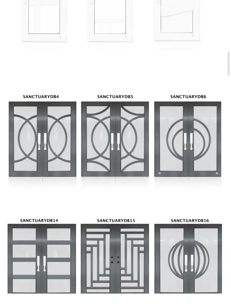 A catalog showing six double-door designs with various geometric, circular, and grid patterns in a dark metal finish.