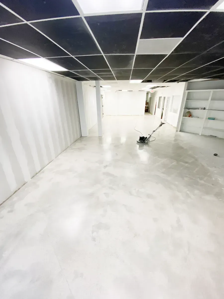 A vacant commercial space with polished light gray concrete floors, white walls, and a black drop ceiling with light panels.