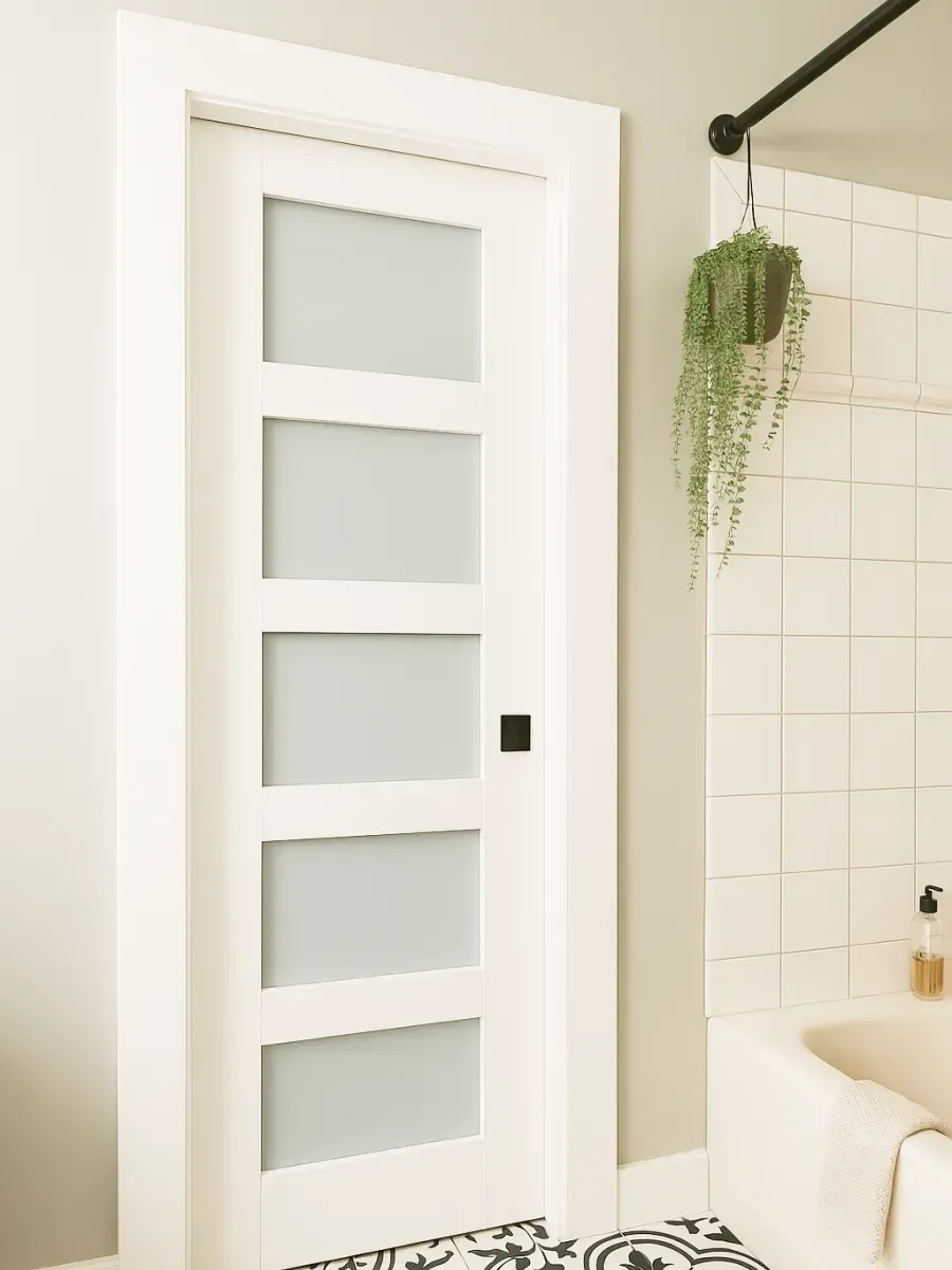 A white, five-panel door with frosted glass inserts and a black handle, installed in a bathroom with tiled walls.