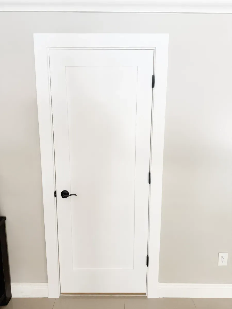 A white, single-panel interior door with black hardware set in a light grey wall.