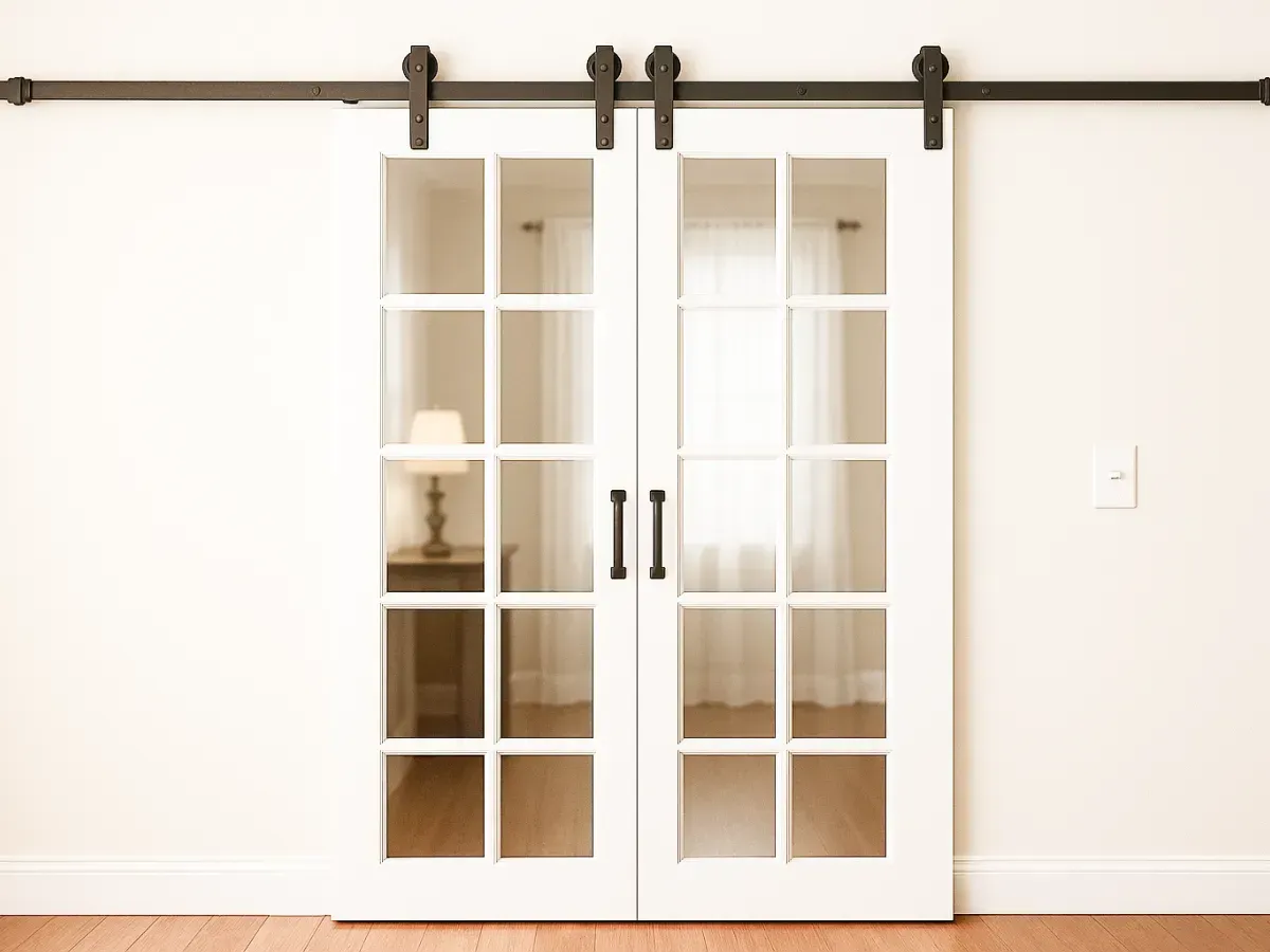 White double sliding barn doors with glass panels and black hardware mounted on a wall in a bright room.