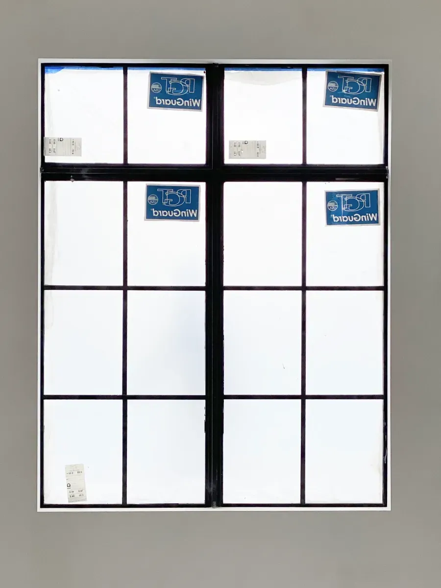 A black-framed window with 12 rectangular glass panes against a gray background.