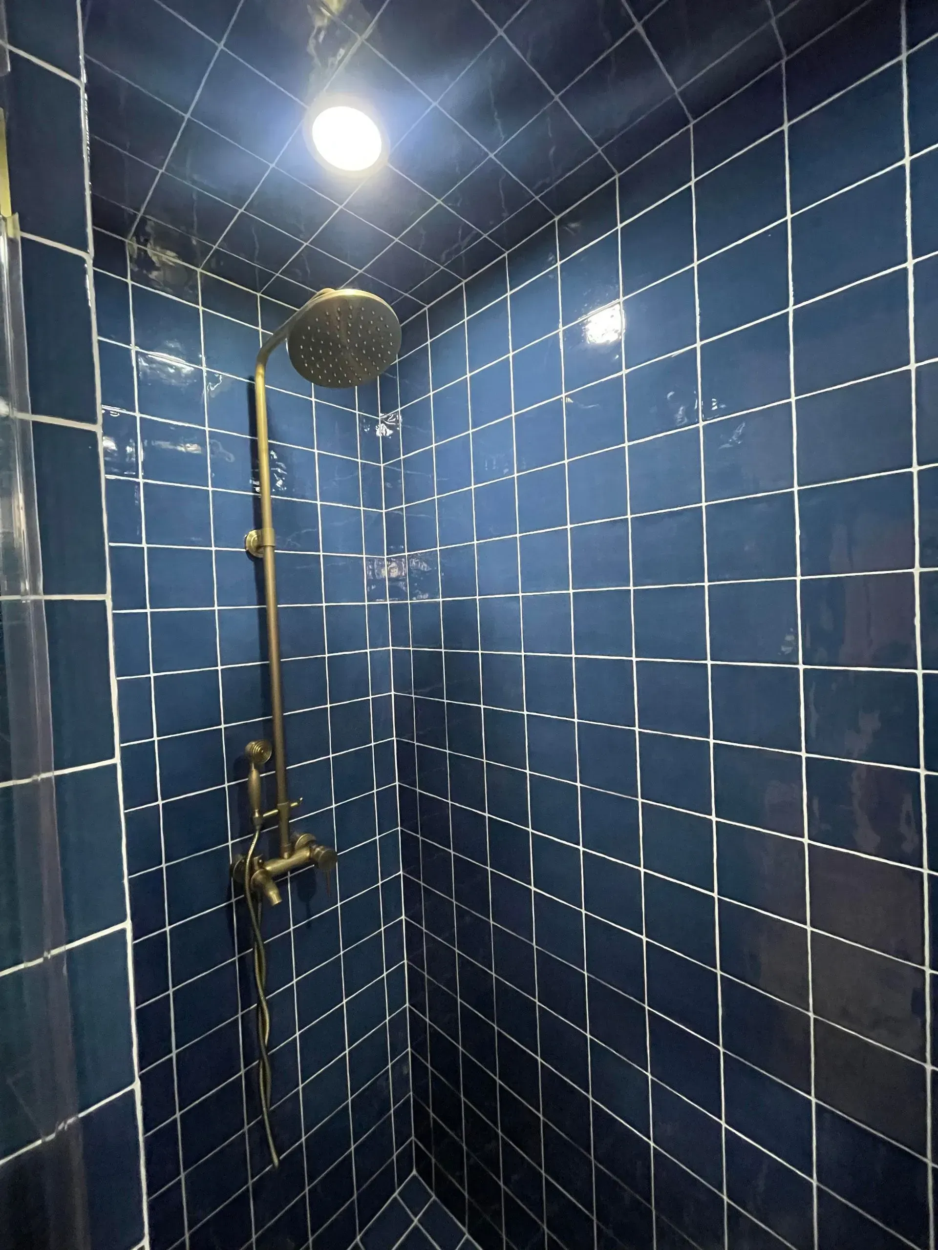 A shower with blue tiles and a brass shower head