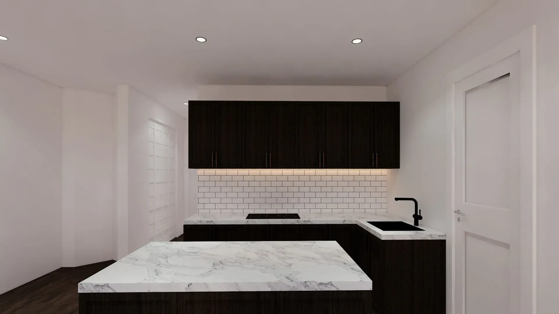 A kitchen with black cabinets and a white counter top.