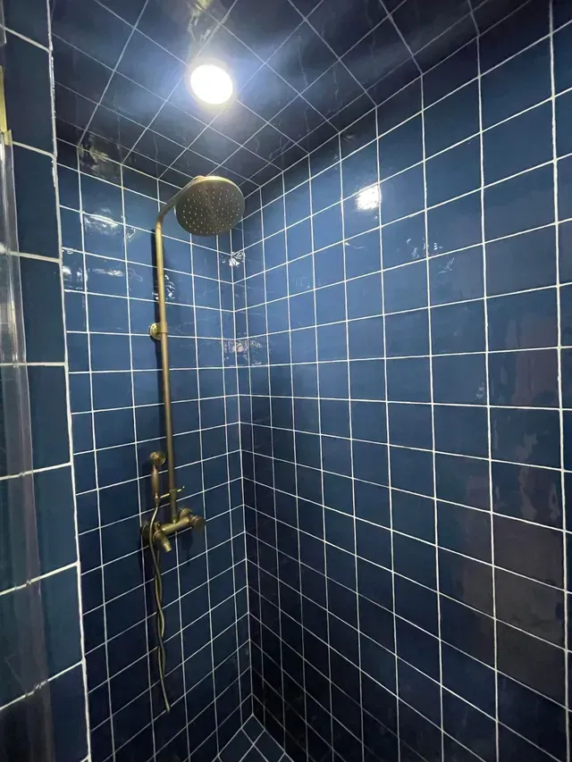A shower with blue tiles and a brass shower head.