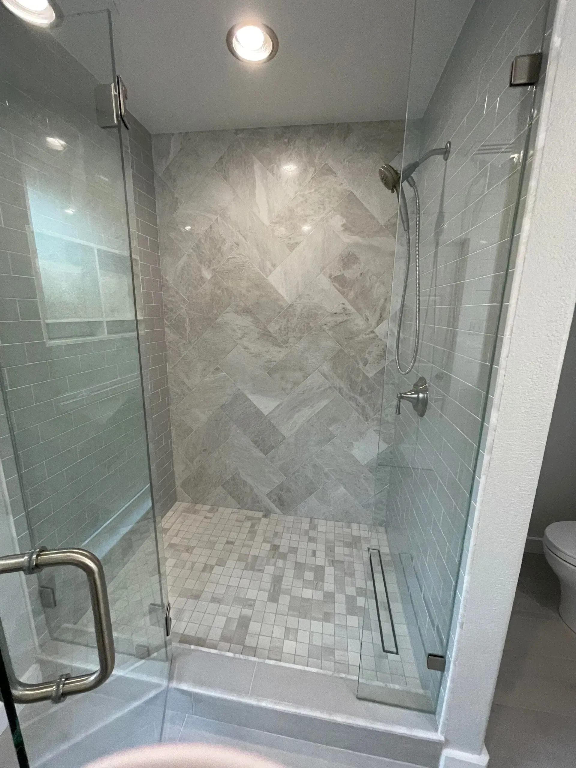 A bathroom with a walk in shower and a toilet.