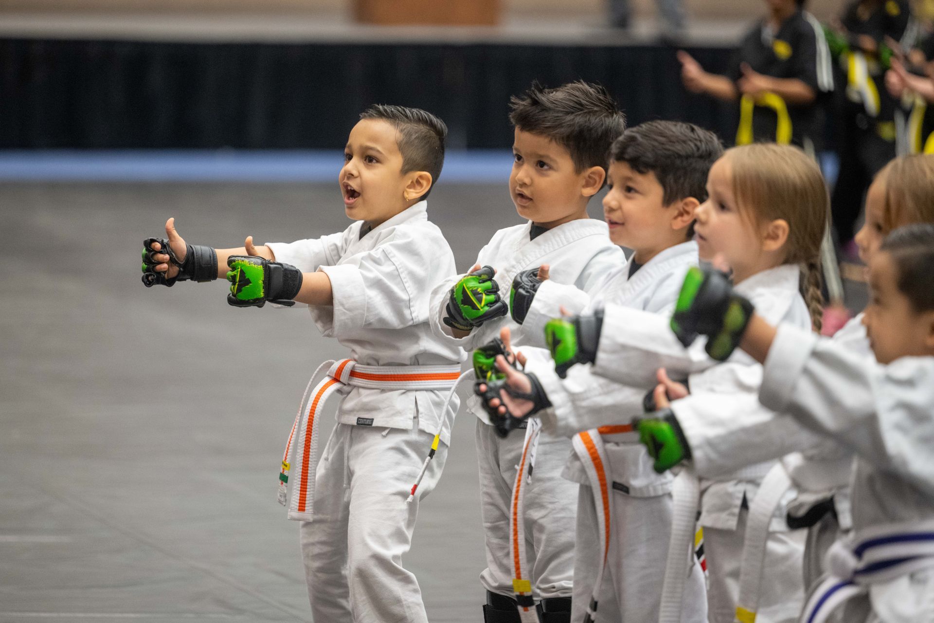 a group of young children are practicing martial arts in a gym .