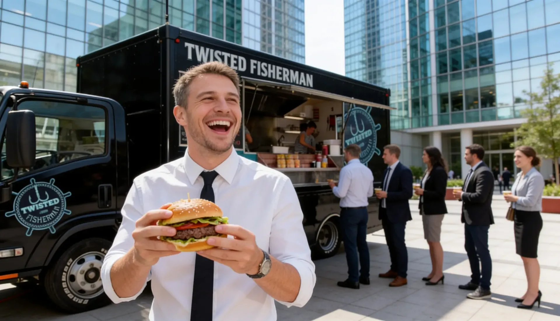 Melbourne office team enjoying Twisted Fisherman food truck corporate catering