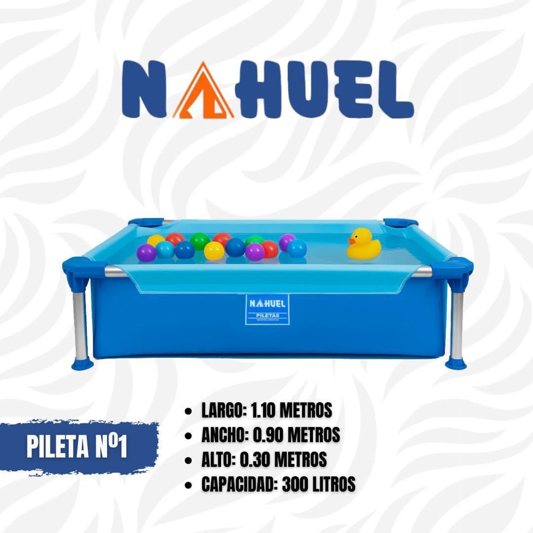 Piscina rectangular de color azul llena de bolas y un pato, con detalles de dimensiones y capacidad.