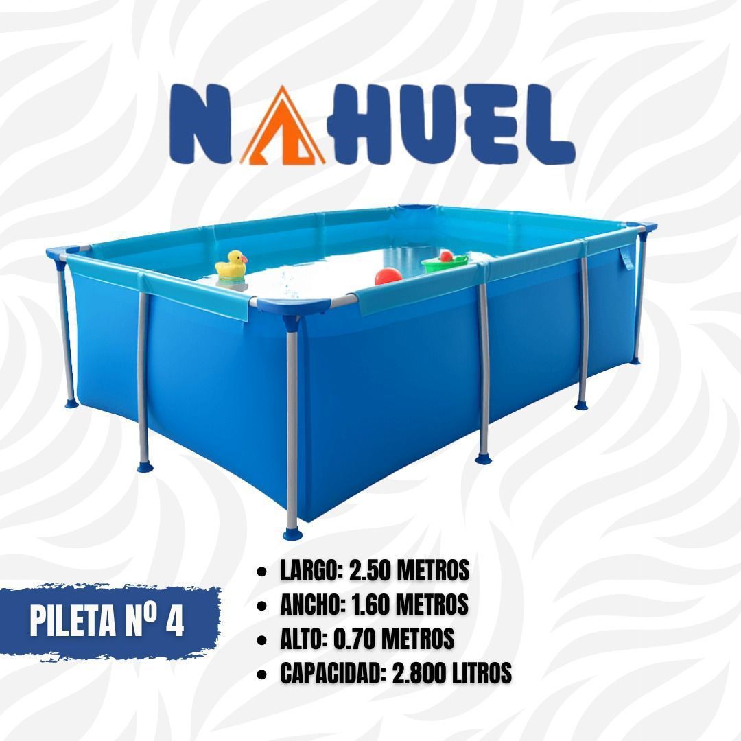 Piscina elevada rectangular de color azul de la marca “NAHUEL” con detalles de dimensiones y capacidad.