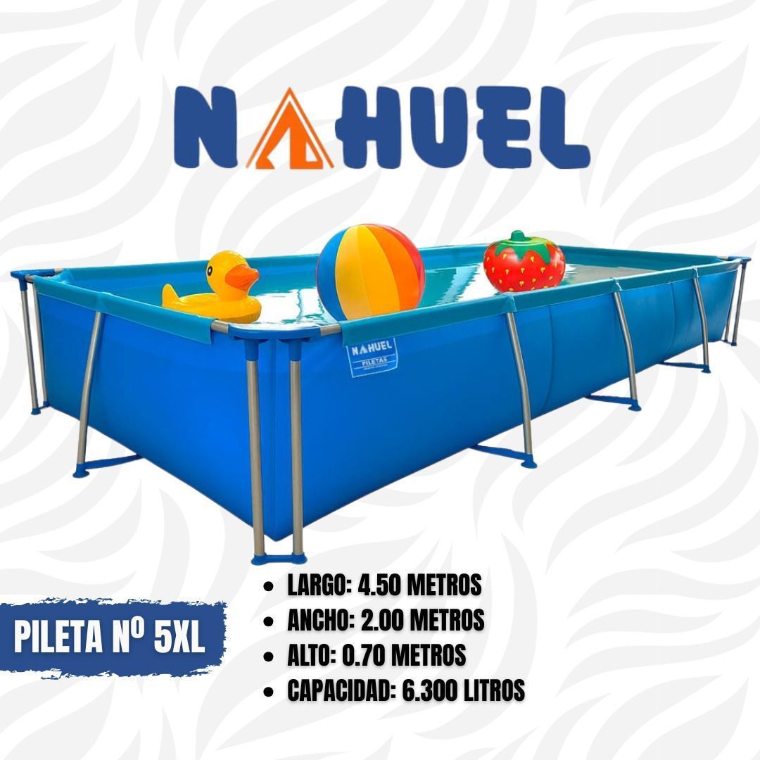 Piscina Nahuel rectangular de color azul con juguetes en su interior, texto indica dimensiones y capacidad.
