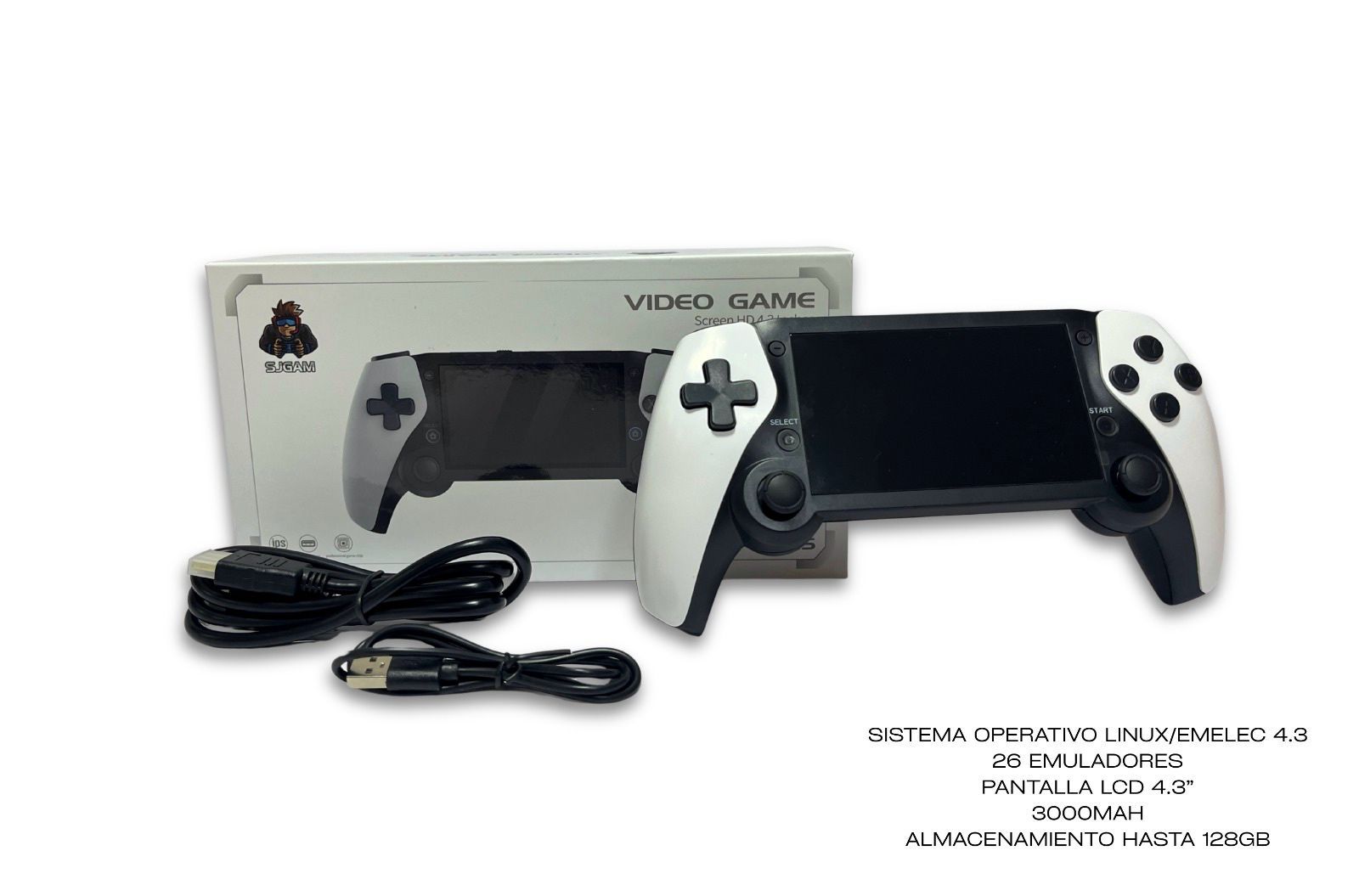 Mando de videojuego color blanco y gris con pantalla y caja, cables incluidos.