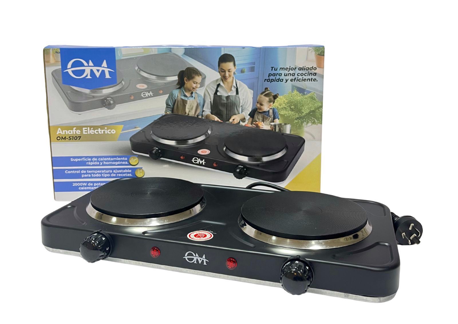 Placa de cocción de doble quemador de color negro con diales y luces indicadoras rojas en el frente de su caja.