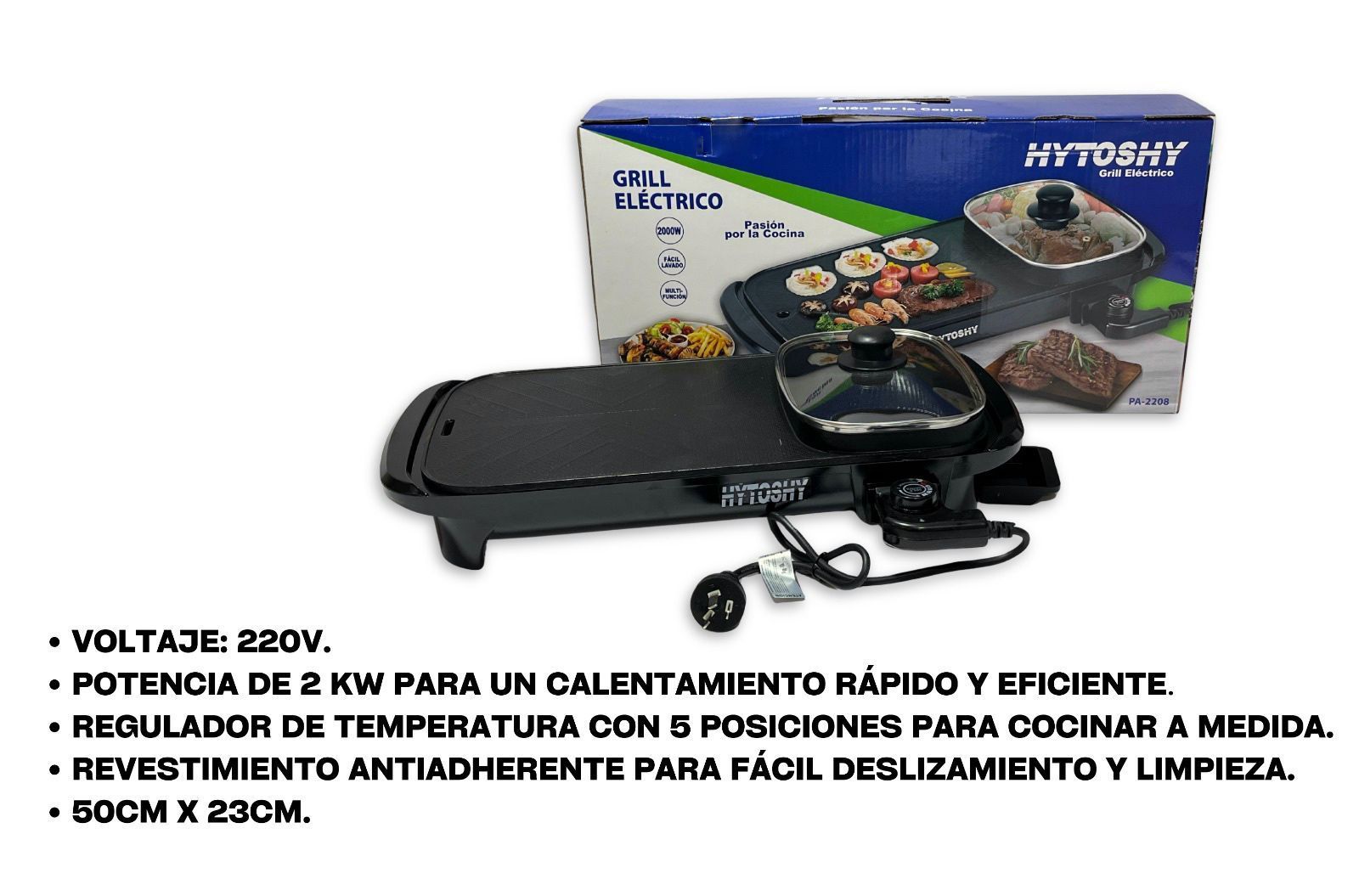 Parrilla eléctrica con texto sobre voltaje, potencia, control de temperatura, revestimiento antiadherente y dimensiones.