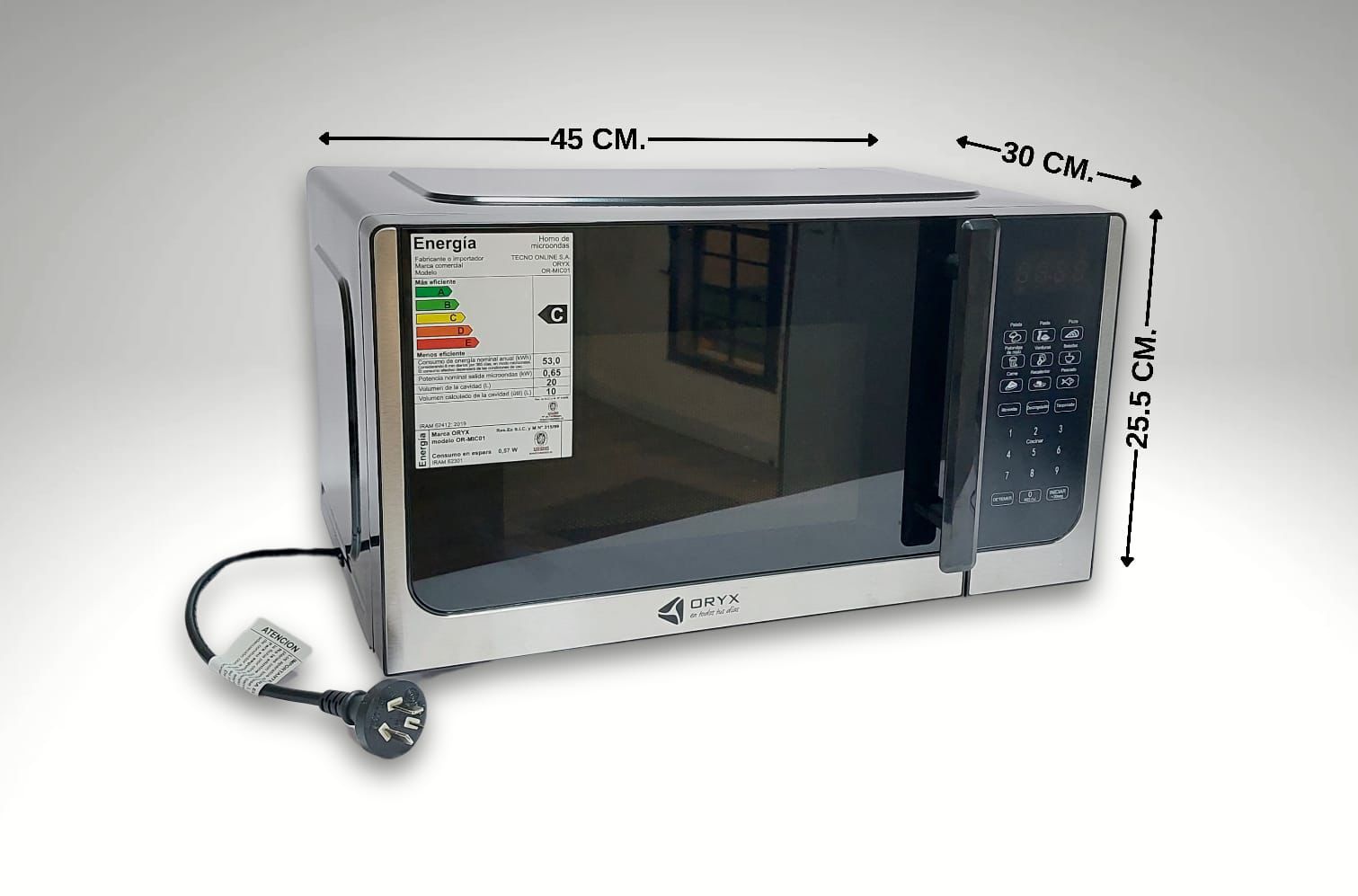 Horno microondas plateado y negro con dimensiones 45 cm x 40 cm x 26,5 cm, visto desde un ligero ángulo.