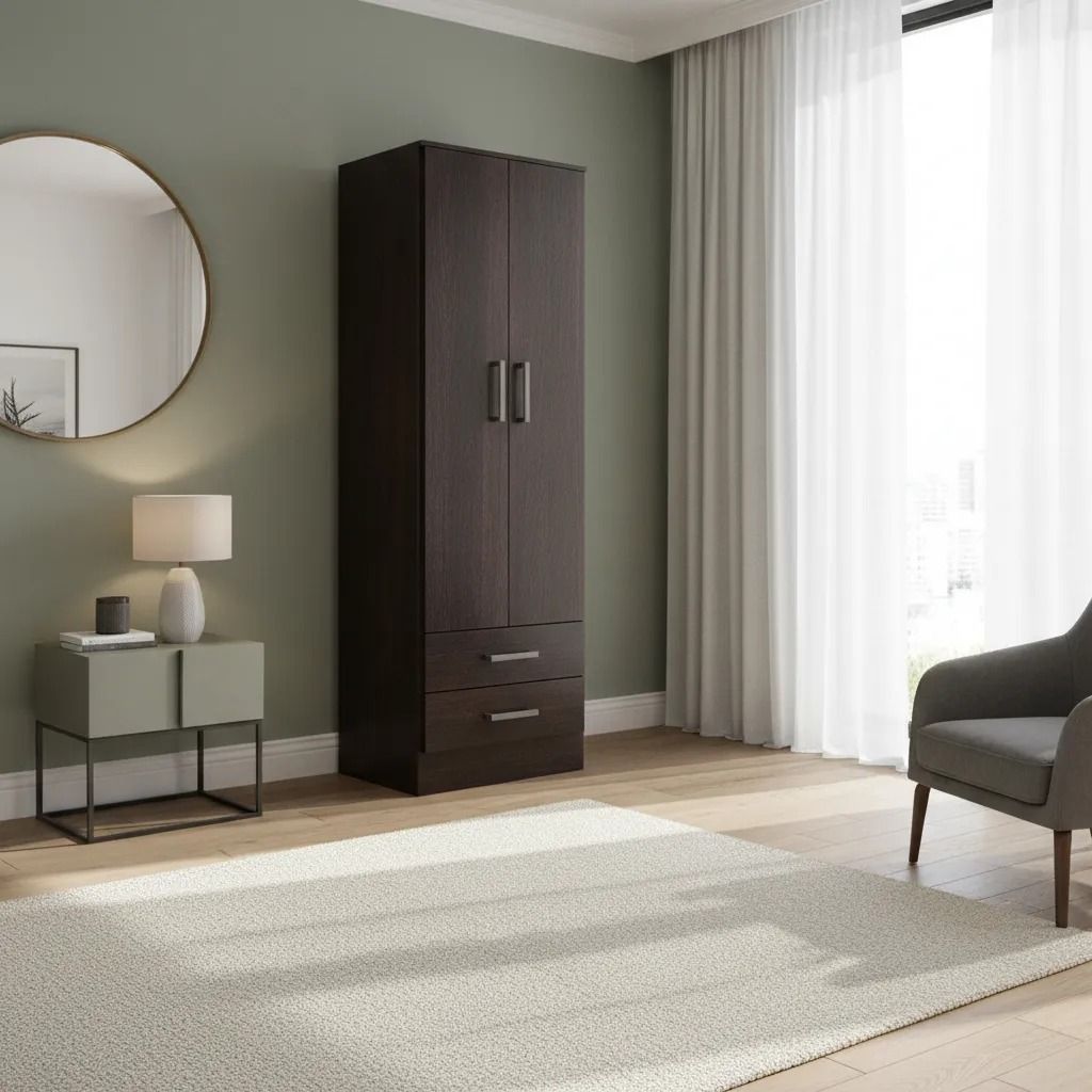 Armario de color marrón oscuro en una habitación con espejo redondo, alfombra, silla y mesa auxiliar.