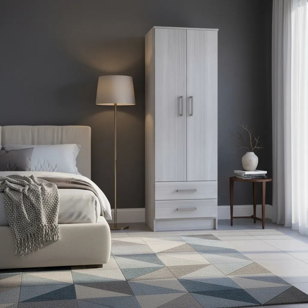 Armario de color marrón oscuro en una habitación con espejo redondo, alfombra, silla y mesa auxiliar.