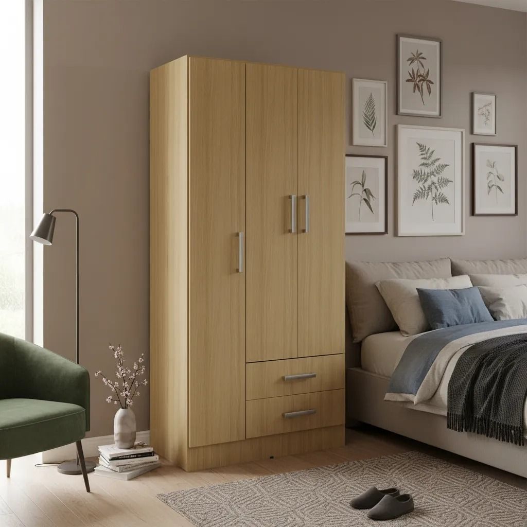 Armario de madera con tres puertas y dos cajones en un dormitorio. Hay una cama, una silla y una obra de arte enmarcada.